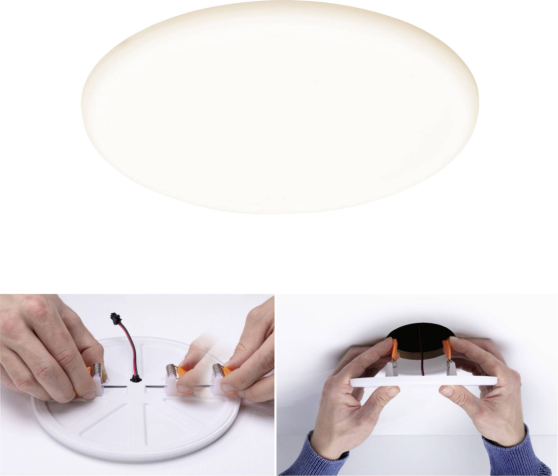 Kulatá stropní LED svítidlo pohled shora. Dva detailní snímky dole: Ruce instalují svítidlo připojováním a upevňováním kabelů.