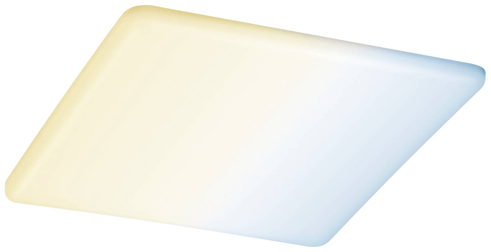 Čtvercový LED panel, který přechází z teplé bílé barvy zleva doprava do studené bílé a poskytuje jemné osvětlení.