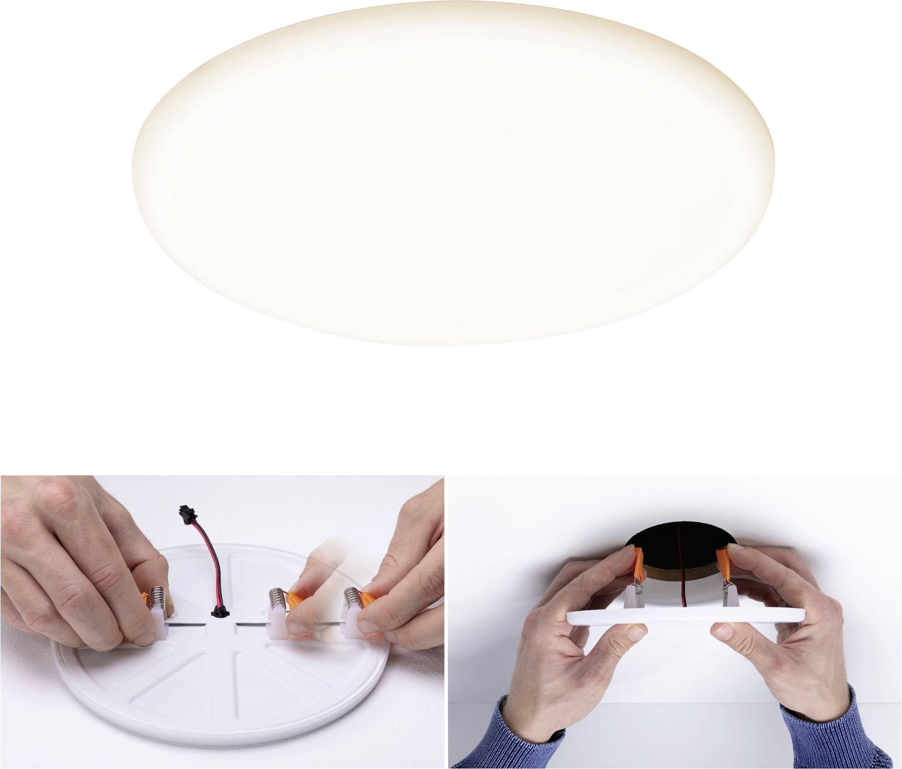 Stropní LED lampa; nahoře: svítící; dole: ruce montují lampu na stropě pomocí klikací spojky.