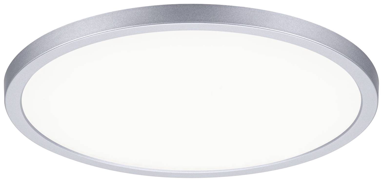 Kulatá stříbrná stropní lampa s bílým světelným zdrojem. Lampa má jednoduché, moderní designové řešení a je štíhlá.