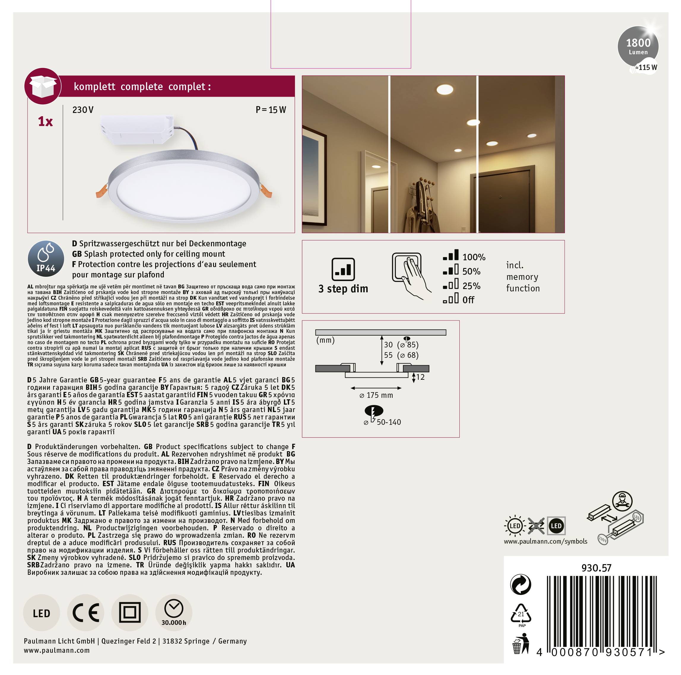 LED vestavný reflektor, 15W, 230V, stmívatelný ve 3 stupních. IP44: Ochrana proti stříkající vodě, výhradně pro montáž na strop. Vhodný pouze do suchých vnitřních prostor.