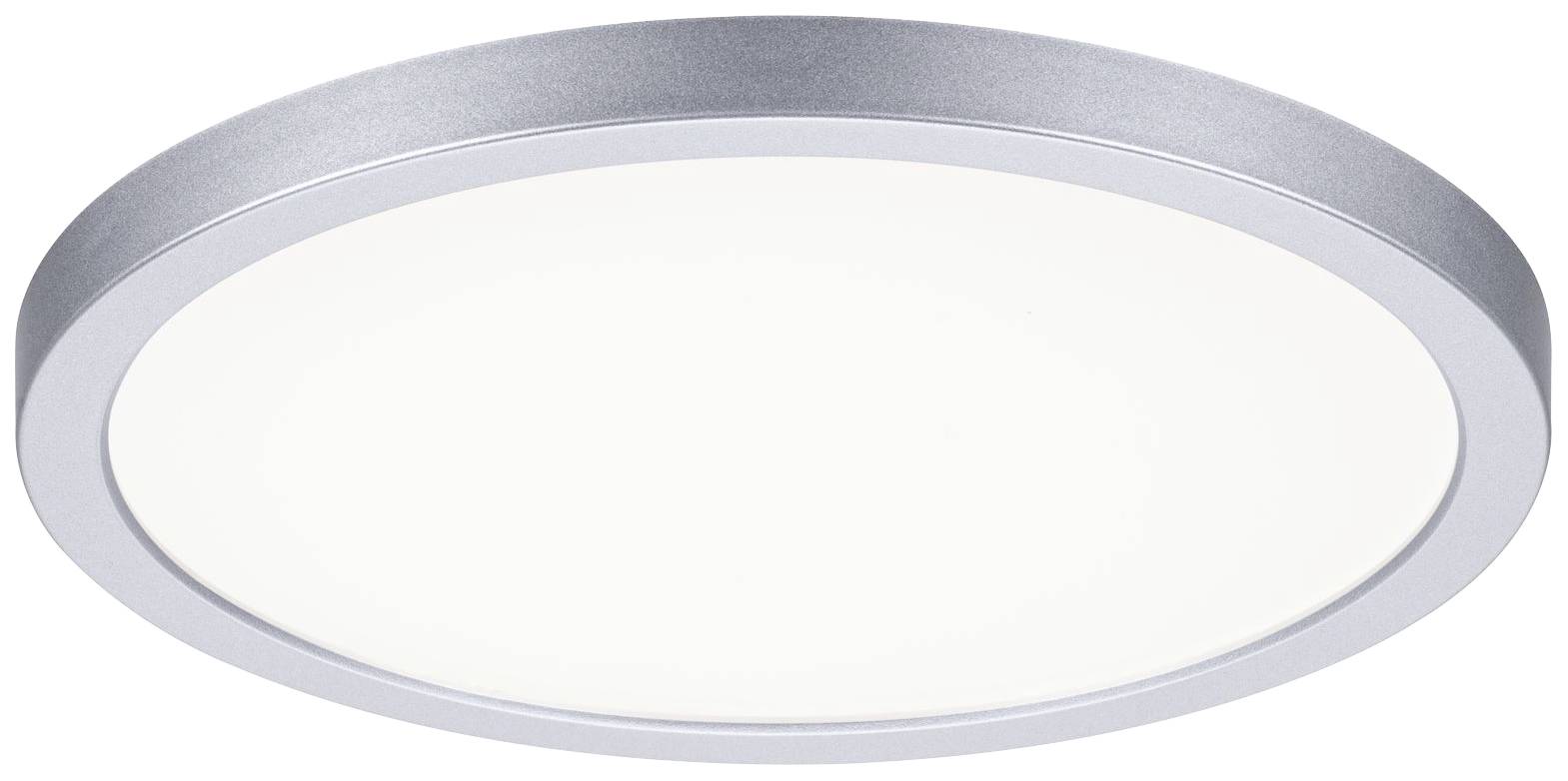 Kulatá, plochá LED stropní lampa ve stříbrné barvě s elegantním, moderním designem.