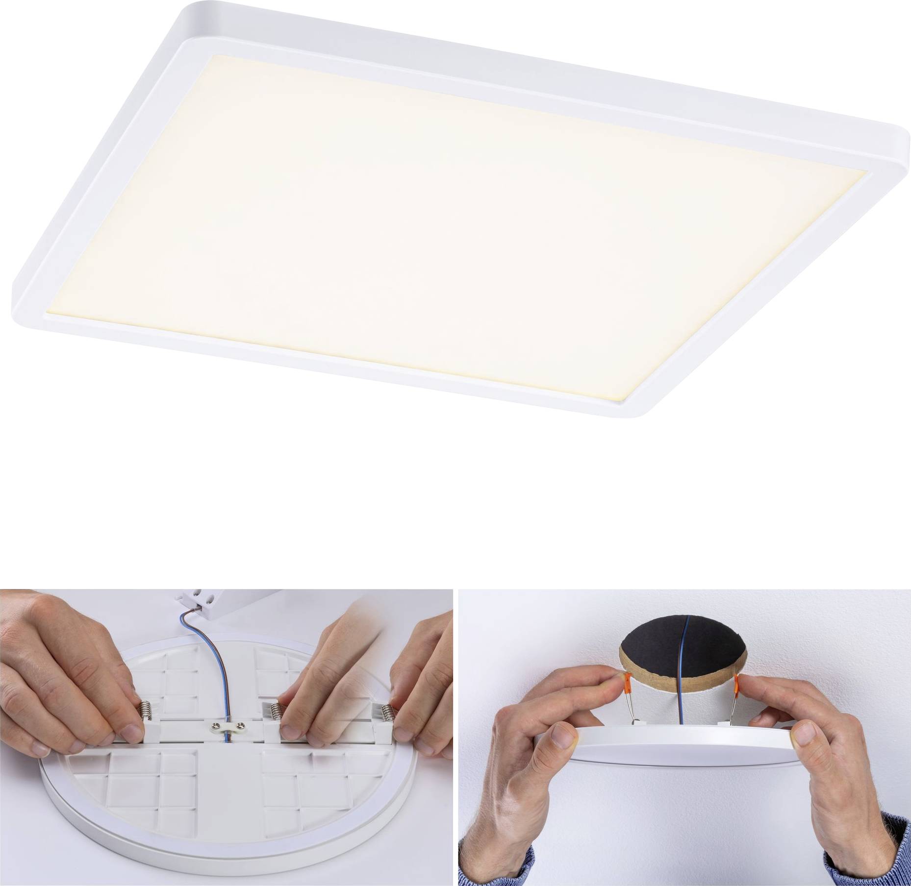 LED stropní svítidlo v moderním designu. Dole: Instalace lampy, kde ruce připojují kabely a upevňují lampu ke stropu.
