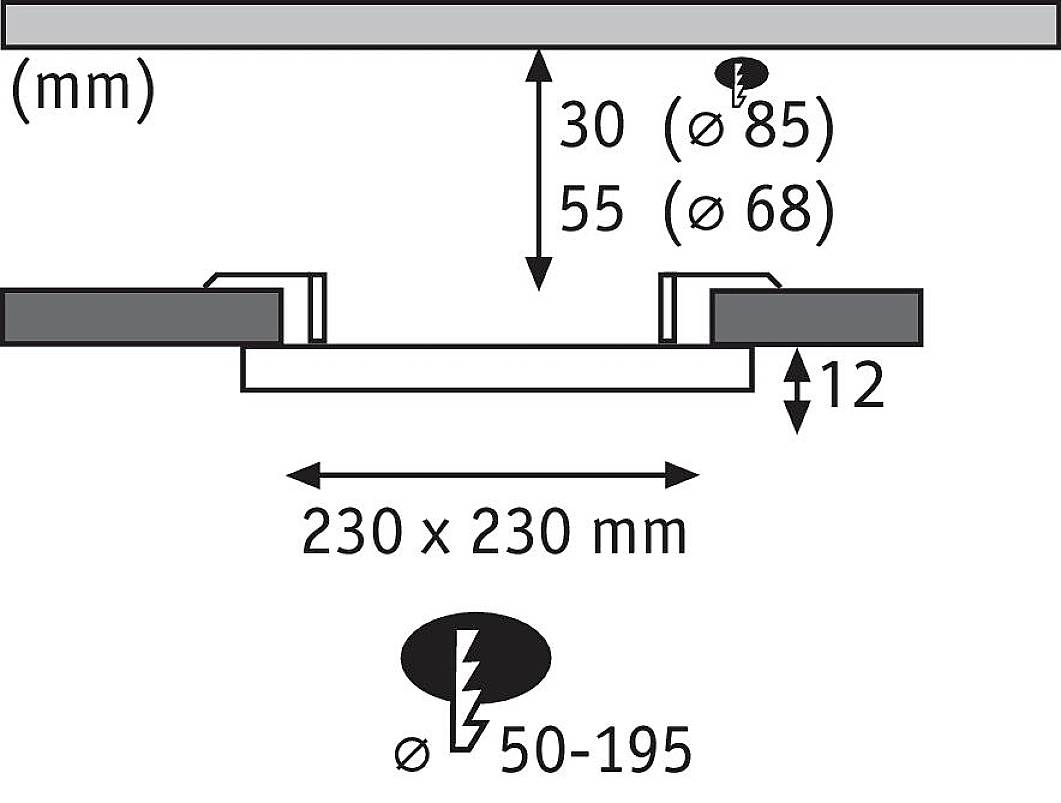 Diagram znázorňuje montážní rozměry pro obdélníkový objekt: 230 x 230 mm, výška 12 mm. Průměr otvoru: 85 mm (30 mm), 68 mm (55 mm), 50-195 mm.