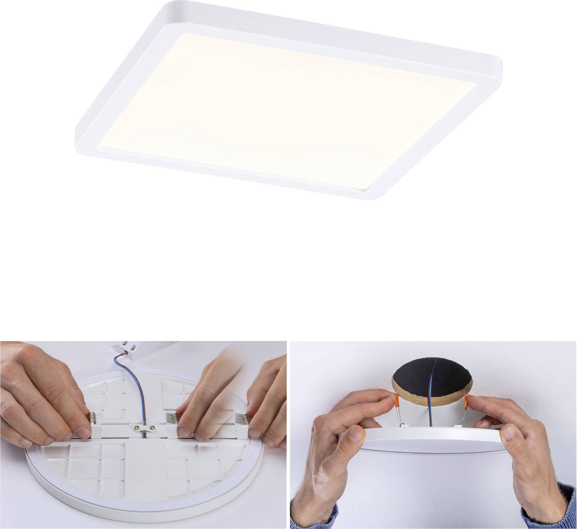 Čtvercový LED panel je instalován na strop. Ruce upevňují panel šrouby a propojují elektrické kabely.