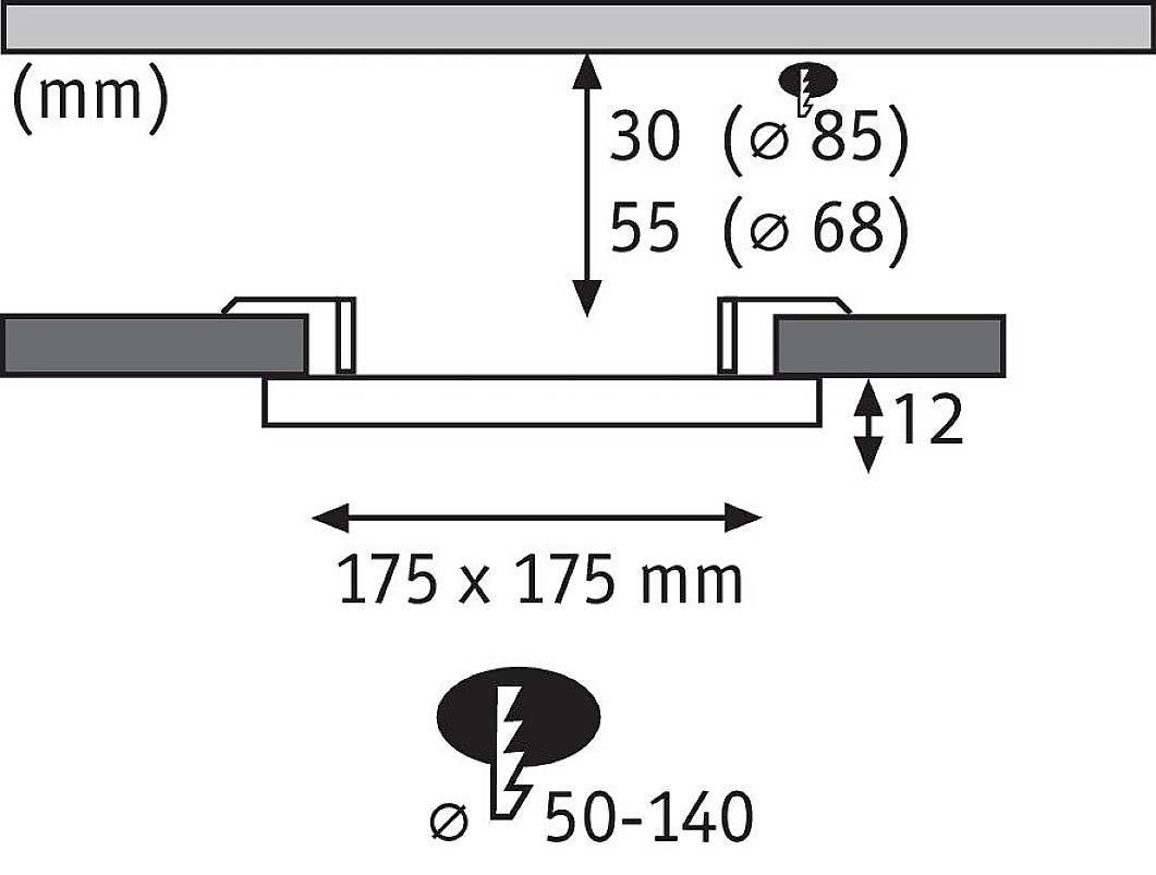 Technický výkres čtvercového svítidla: vestavná výška 12 mm, montážní rozměr 175 x 175 mm, možné otvory Ø85, Ø68 a Ø50-140 mm.