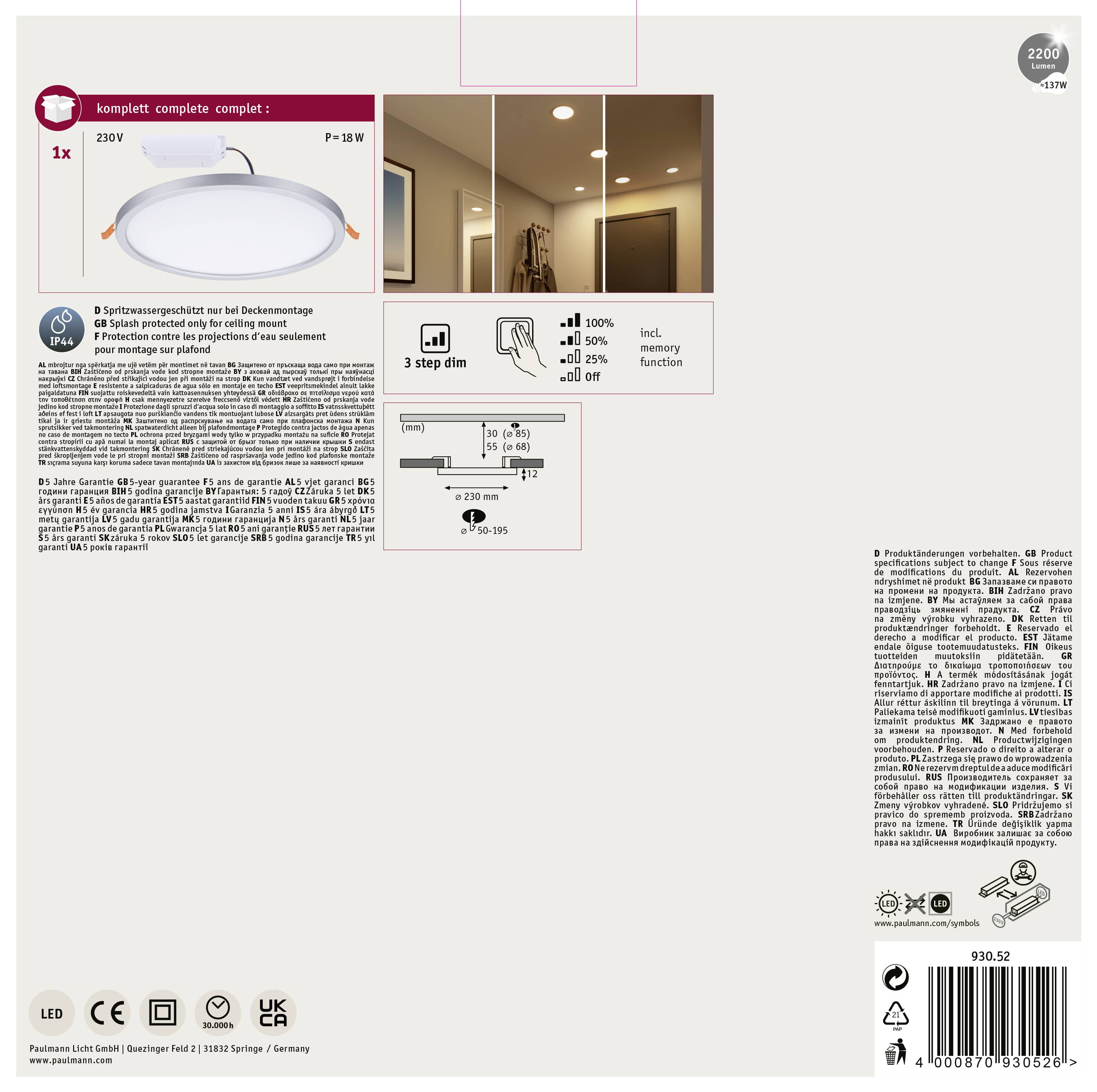 LED stropní svítidlo, 18W, třikrát stmívatelné, 220V, včetně instalačního příslušenství, vhodné do chodeb a obývacích pokojů.