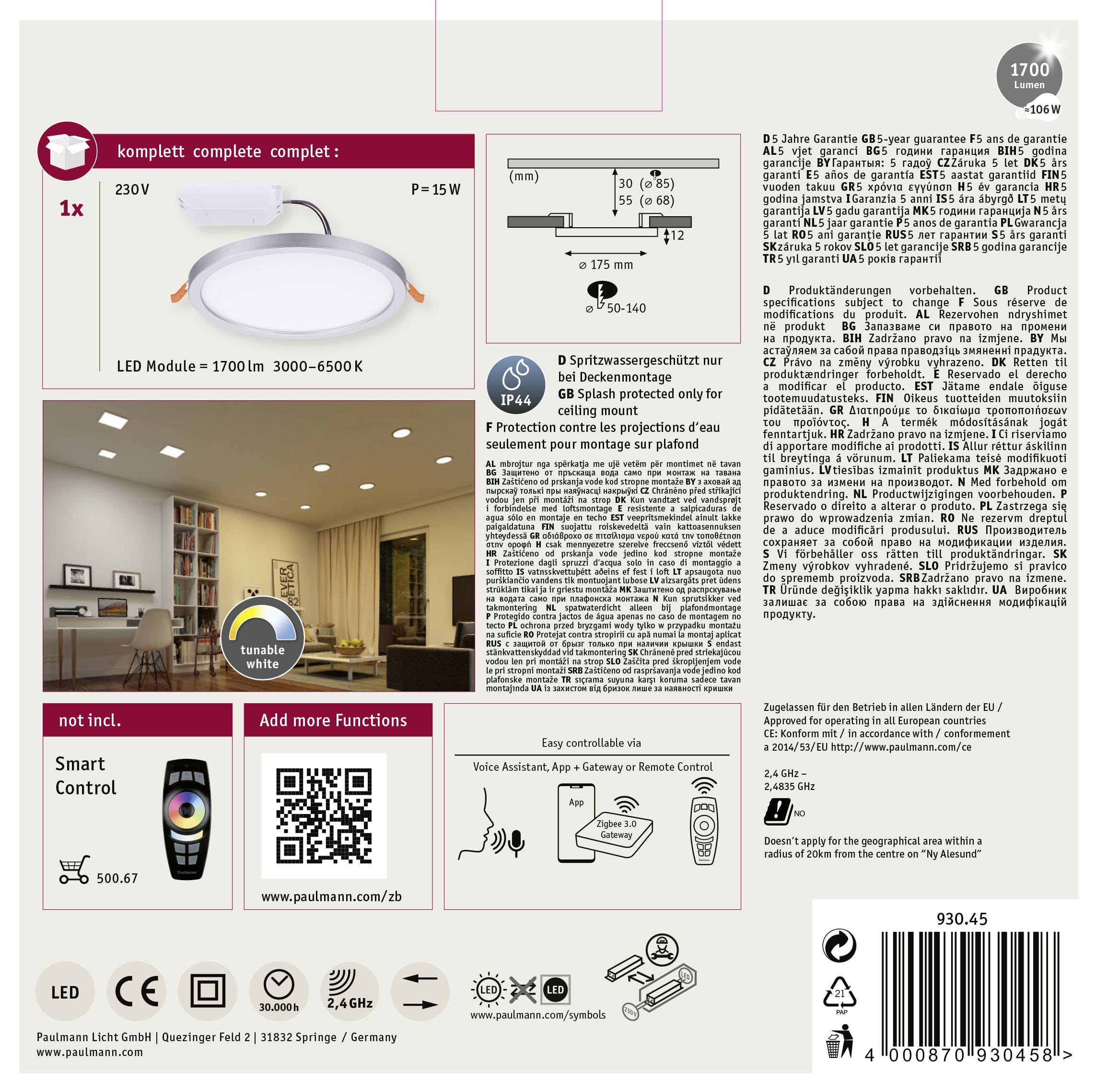 LED stropní svítidlo s ochranou IP44, stmívatelné, 1700 lm, 3000-6500K. Včetně dálkového ovládání a 3leté záruky.