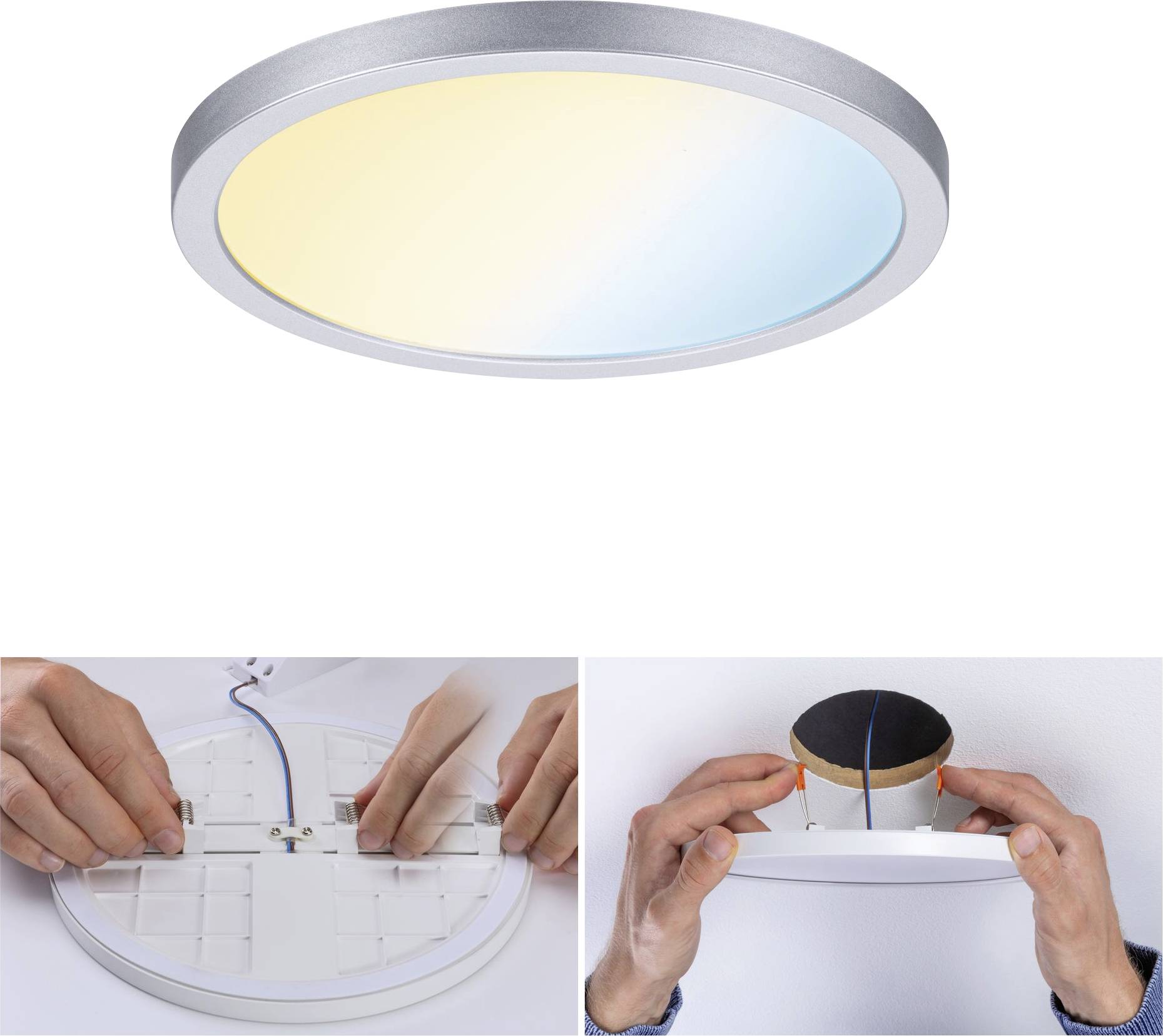 Stropní svítidlo s barevným světlem. Dole: Ruce instalují lampu na stropě, připravuje se připojení kabelu.