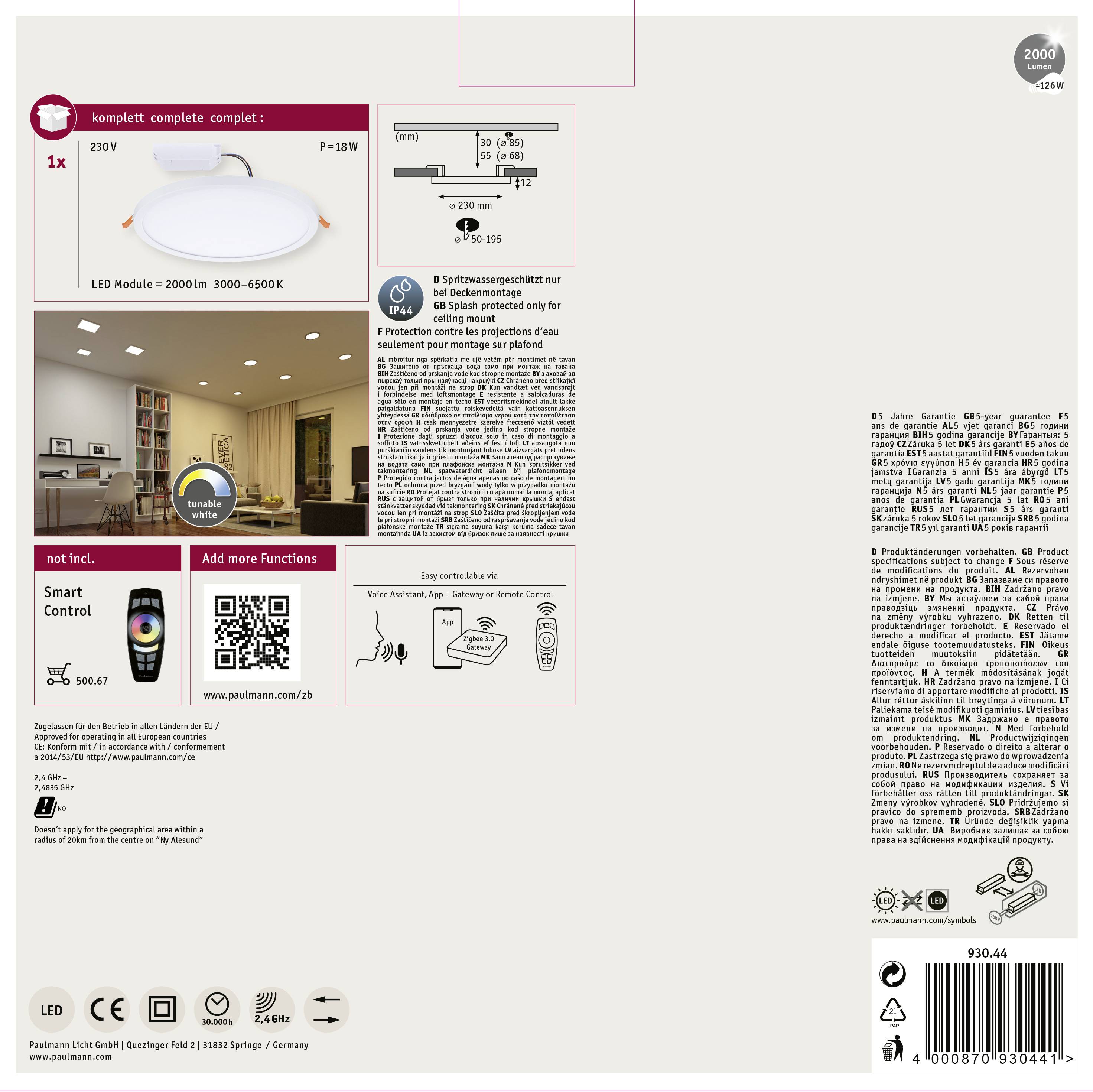 Zadní strana obalu LED svítidla s technickými údaji: 220V, 18W, světelný modul 2000 lm, 3000-6500K. Zobrazení ovládání a funkcí.
