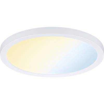 Kulatá LED stropní svítidlo s bílým lemováním, které vyzařuje jemné žluto-modré světlo. Vhodné pro moderní interiéry.