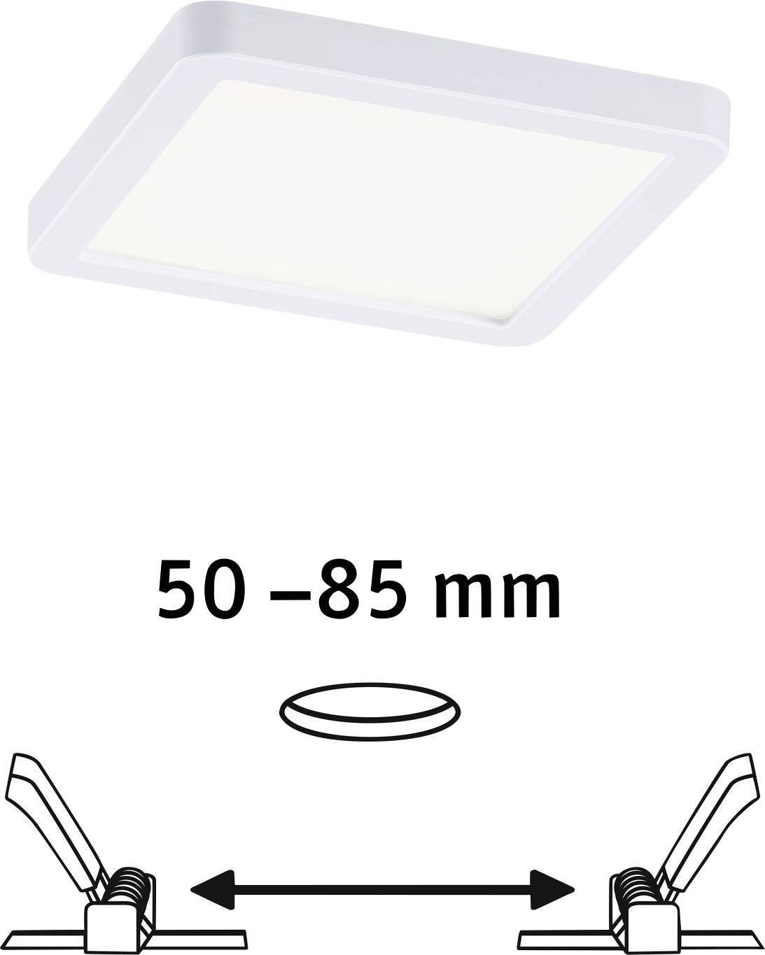 Čtvercové LED stropní svítidlo s instalační příručkou, která zobrazuje instalační rozteč 50–85 mm.