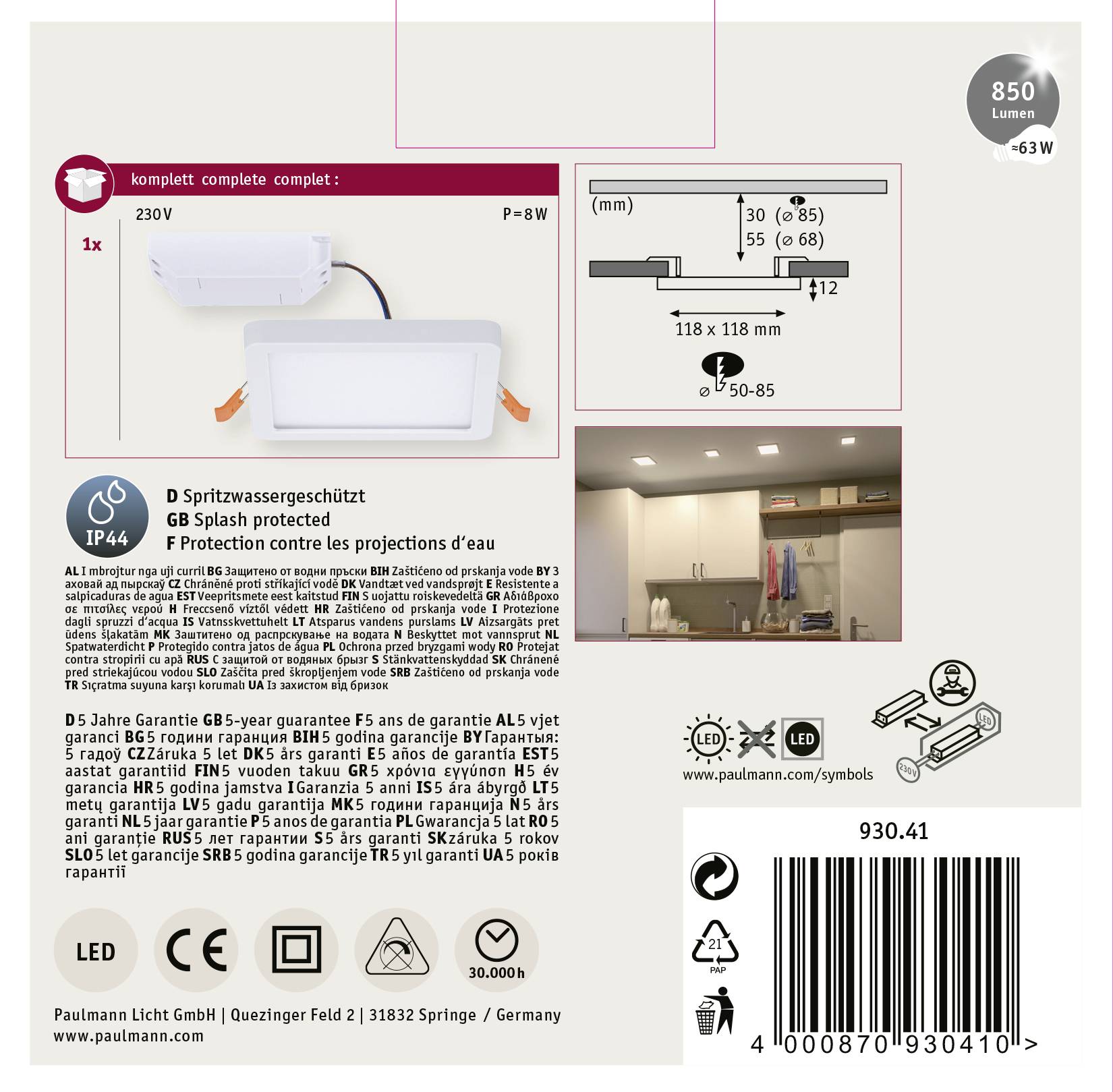 Produktové balení pro LED stropní svítidlo: Obsahuje rozměry, stupeň krytí IP44, energetickou třídu a montážní detaily. Včetně čárového kódu a informací o výrobci.