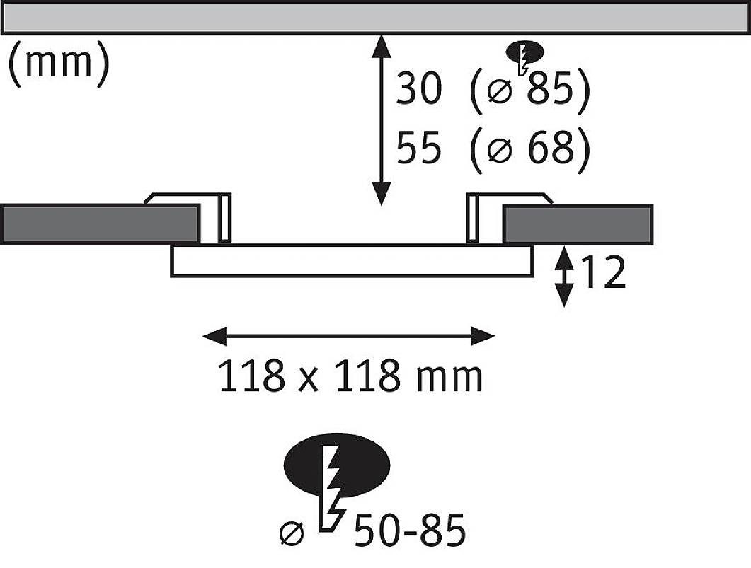 Diagram ukazuje rozměry vestavného svítidla: výška 30–55 mm, šířka 118 x 118 mm. Průměr otvoru Ø 50-85 mm.