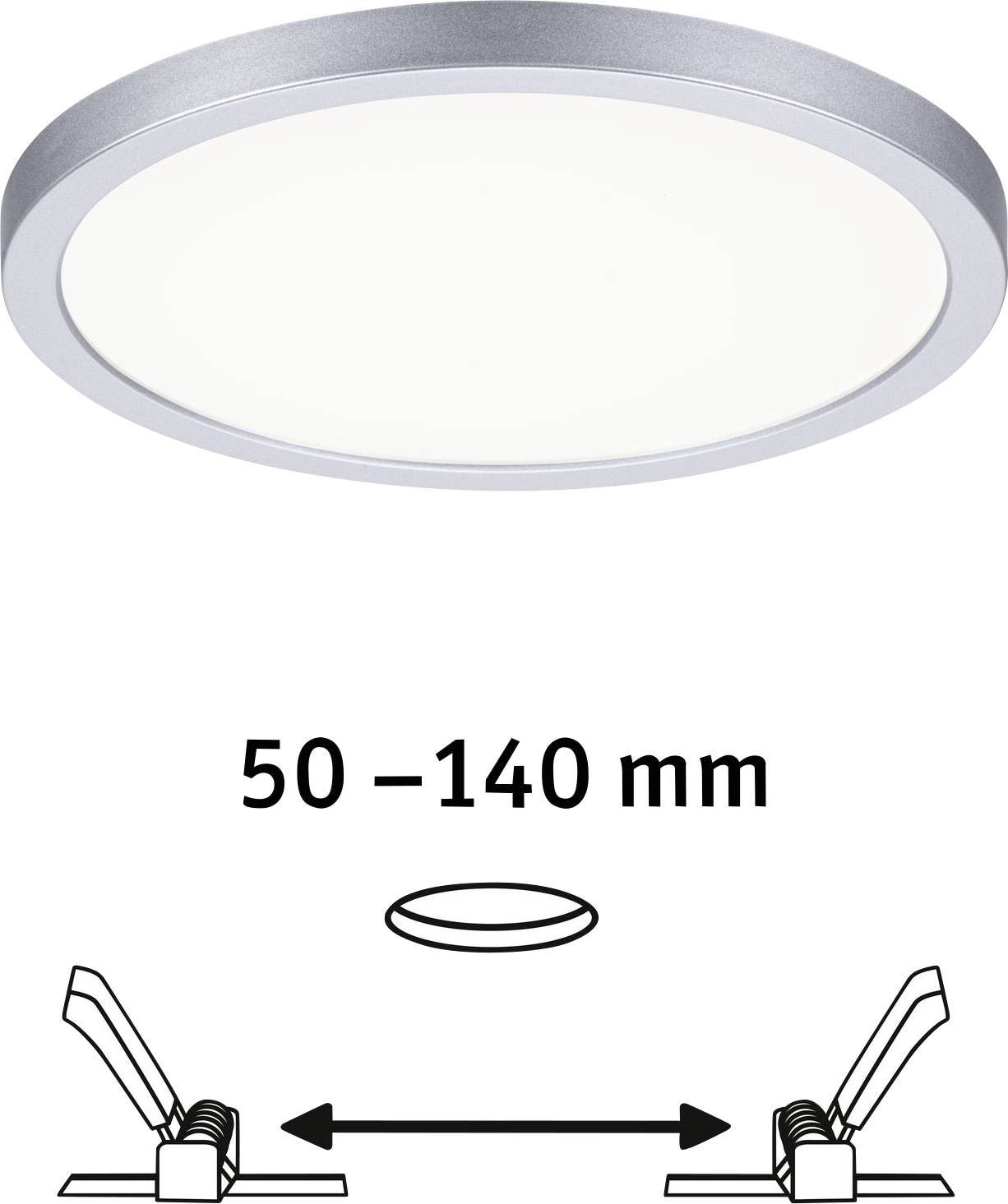 Kulaté LED svítidlo vestavěné do stropu s pružinovým mechanismem pro tloušťku stropu od 50 do 140 mm.