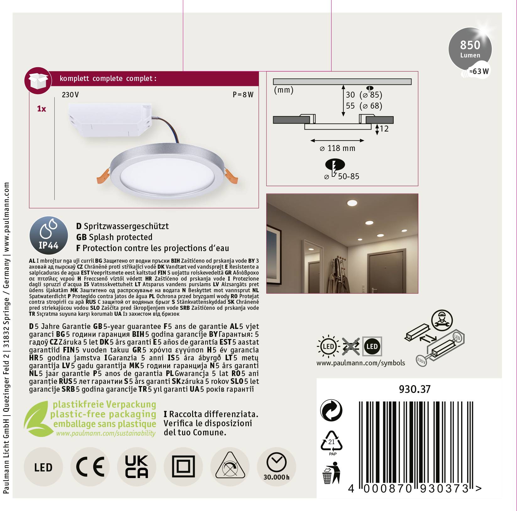 Vestavné LED svítidlo Paulmann, kulaté, 850 lumenů, IP44 chráněné proti stříkající vodě, 230V, 63W, bílé, včetně příslušenství, baleno bez plastů.