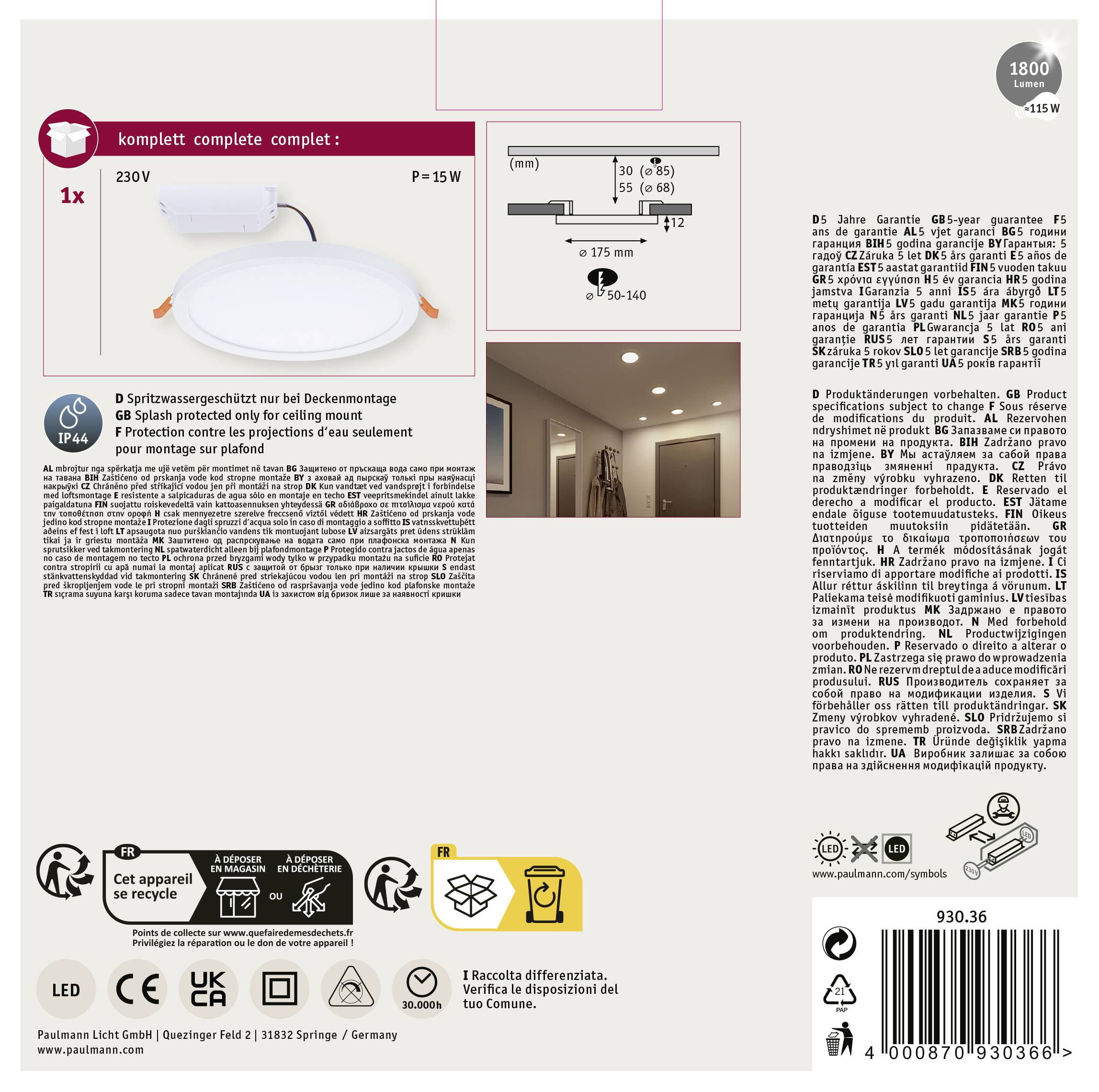 LED stropní svítidlo, 15 W, IP44, 1800 lumenů. Vhodné pro montáž na strop. Obsahuje bezpečnostní a uživatelské informace.