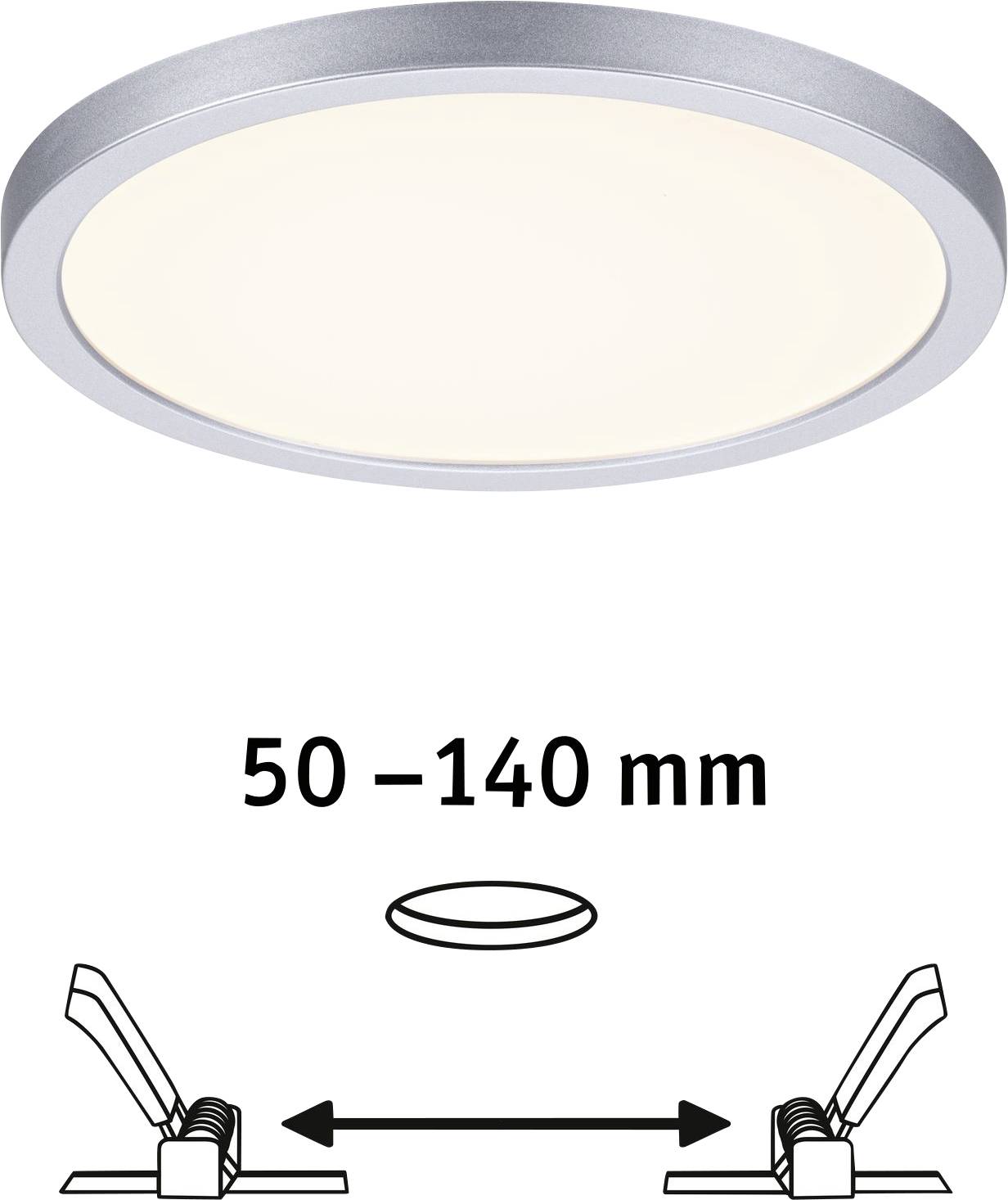 LED stropní svítidlo s kulatým stříbrným rámečkem. Pod ním náčrt znázorňující hloubku vestavění 50 až 140 mm.
