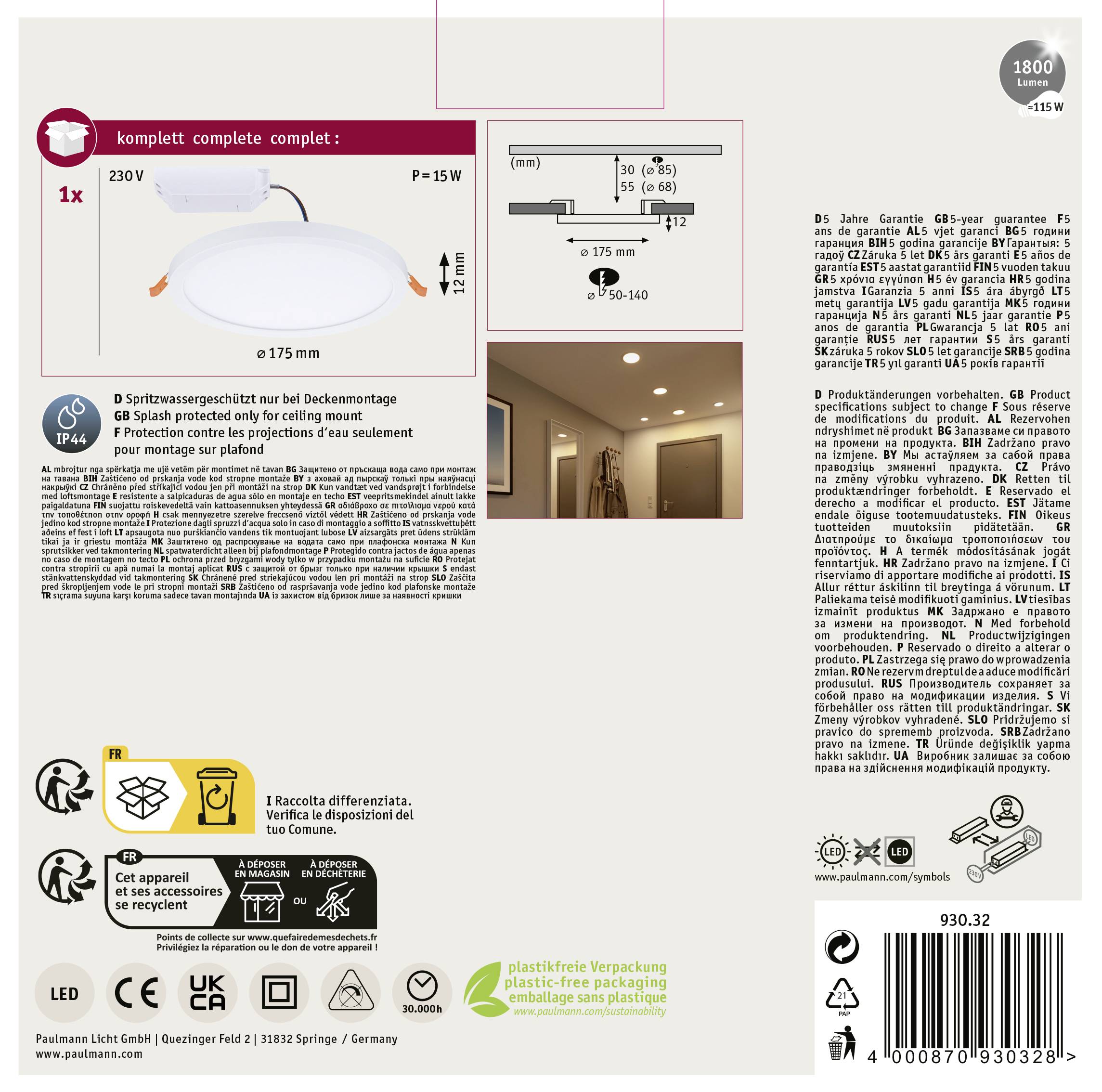 Produktová krabice sady LED stropních svítidel zobrazující instalaci, specifikace: 15 wattů, 230V, stupeň krytí IP44, rozměry.