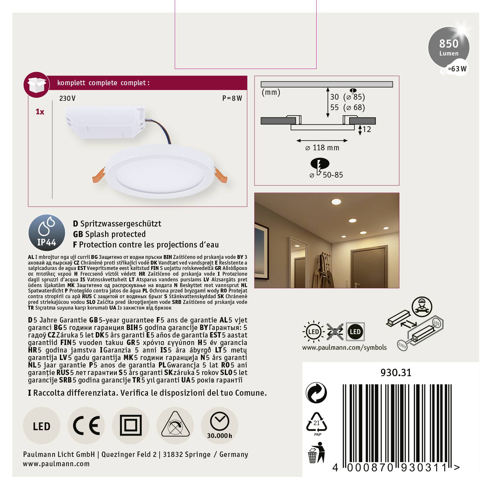 LED podhledové svítidlo Paulmann, 8W, 850 lumenů, IP44 chráněné proti stříkající vodě, teplá bílá. Vhodné do vlhkých prostor, včetně montážních detailů.