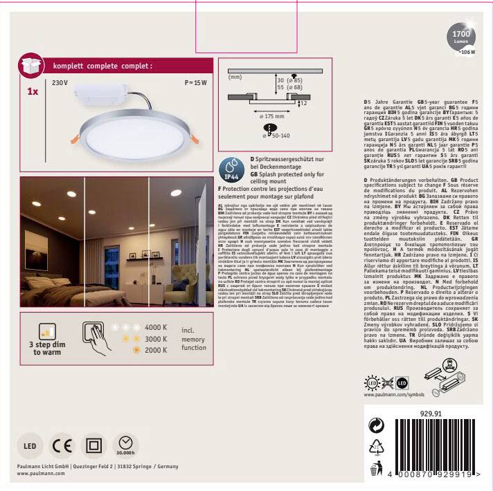 LED stropní svítidlo, 15W, 230V, včetně ochranného krytu, stmívatelné ve třech úrovních, barevné teploty: 3000K, 4000K, 6000K.