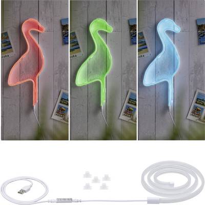 Tři neonové cedule ve tvaru plameňáků v červené, zelené a modré barvě visící na dřevěné stěně. Pod nimi USB kabel a čtyři lepicí háčky.