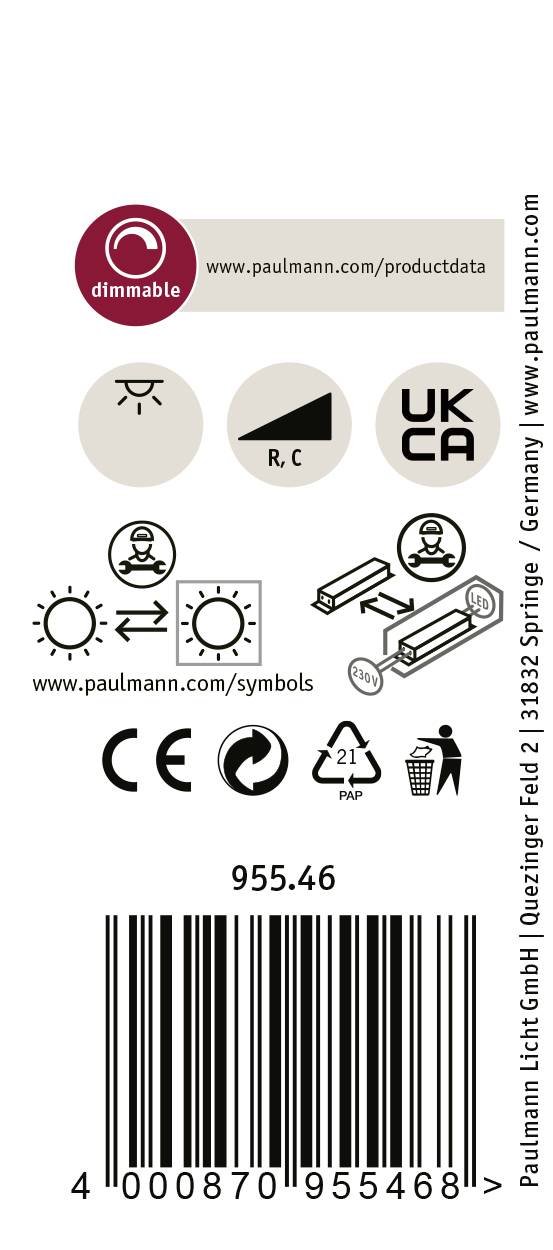 Etiketa s čárovým kódem zobrazuje 'stmívatelné', poznámky k produktu, bezpečnostní symboly a online odkaz na www.paulmann.com/productdata.