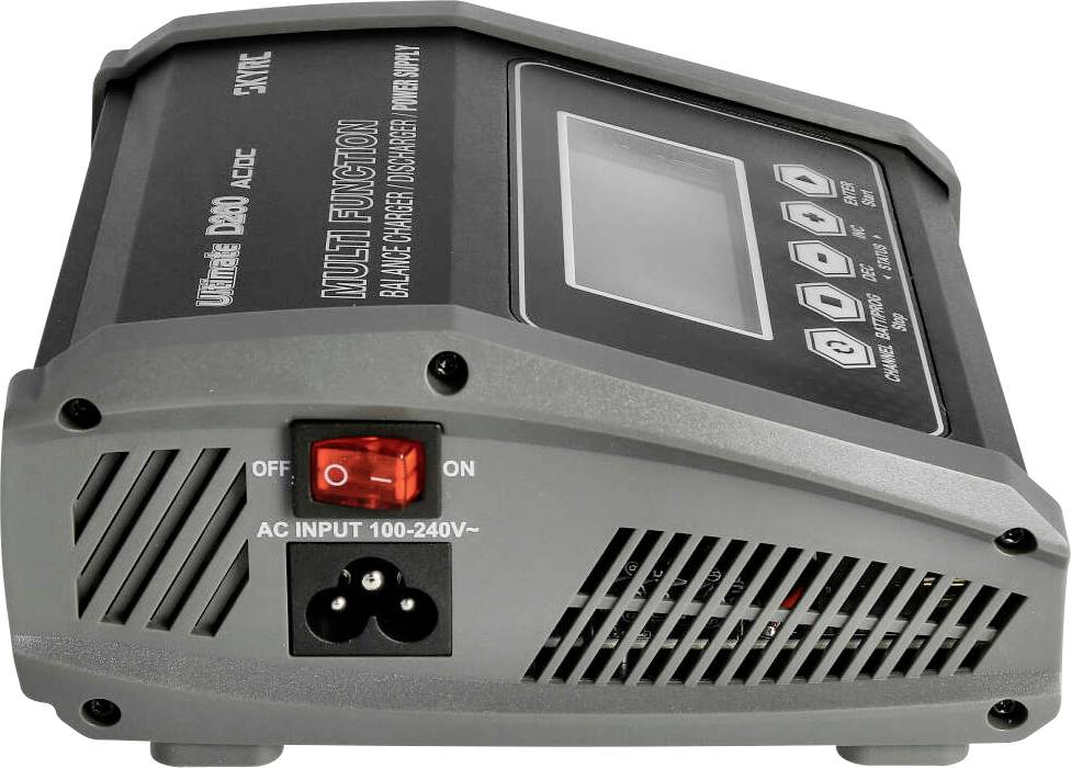 Multifunkční nabíječka s LCD displejem, vypínačem a vstupem pro AC napájení 100-240V.