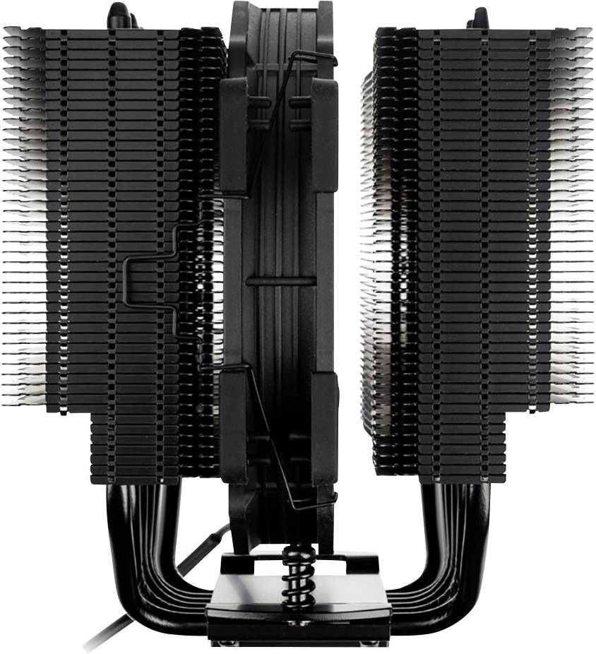 Chladič má duální věžový design se dvěma velkými bloky chladicích žeber a centrálním ventilátorem pro efektivní odvod tepla.