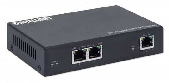 Černý ethernetový switch se dvěma ethernetovými porty a LED indikátory, vhodný pro síťová připojení a přenos dat.