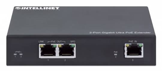 2portový gigabitový Ultra PoE extender od společnosti Intellinet se třemi ethernetovými porty a LED indikátory stavu na přední straně.