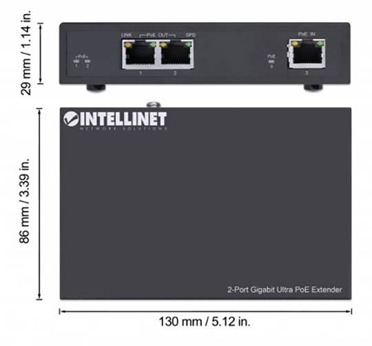 2-portový gigabitový Ultra PoE extender od Intellinetu s rozměry 130 mm x 86 mm x 29 mm. Dva ethernetové porty a LED indikátory.