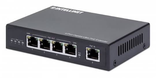 Síťový switch s pěti ethernetovými porty; čtyři pro výstupy, jeden pro vstupy. Značkový štítek na horní straně.