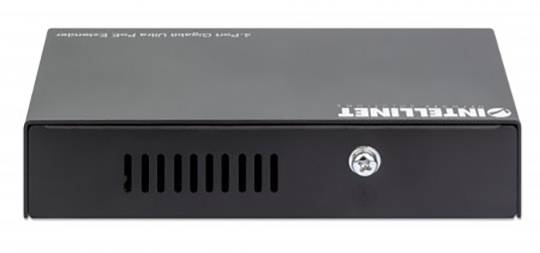 Černý síťový switch s několika porty, vhodný pro správu síťových připojení v kancelářích nebo serverovnách.