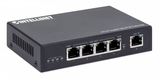 Ethernetový switch se čtyřmi porty, dva pro PoE výstup a dva pro běžné připojení. Označený značkou 'Intellinet'.