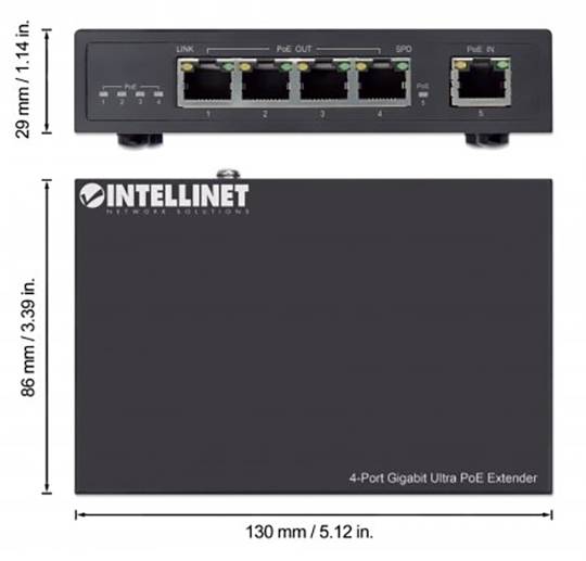 'INTELLINET Network Solutions' 4-portový gigabitový Ultra PoE extender s rozměry: 130 mm x 86 mm x 29 mm.