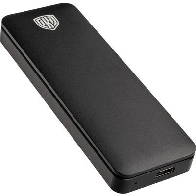 Externí černý externí disk s bílým logem v rohu a USB-C portem po straně.