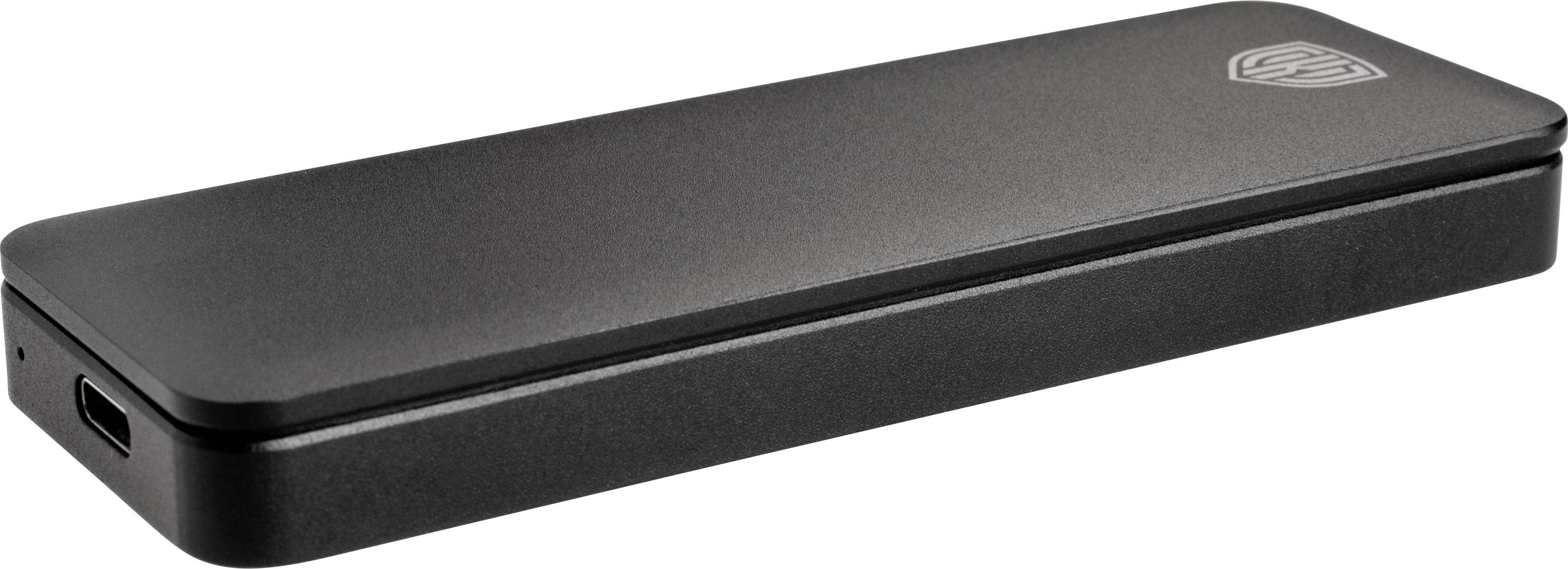 Černé, pravoúhlé zařízení s USB-C konektorem, pravděpodobně externí box na pevný disk s logem společnosti nahoře.