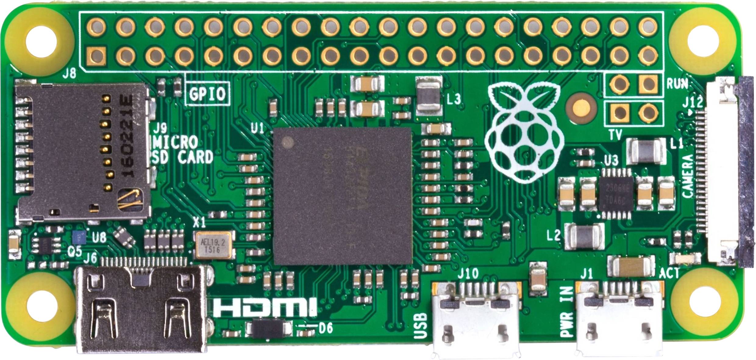 Raspberry Pi Zero, malá zelená deska plošných spojů s několika konektory a micro-USB portem, primárně určená pro projekty DIY.