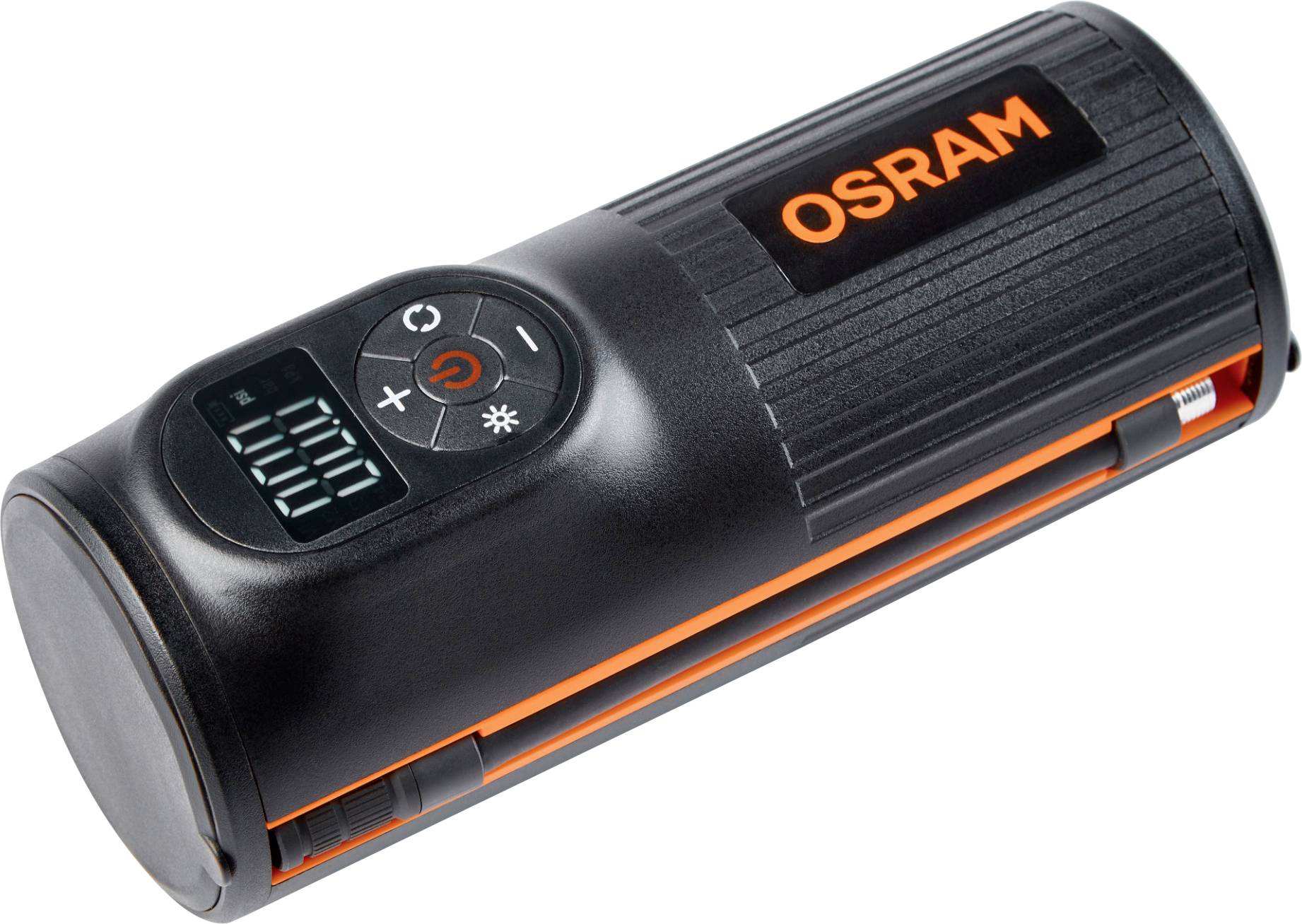 Přenosná elektrická vzduchová pumpa od OSRAMu s digitálním displejem a ovládacími prvky.