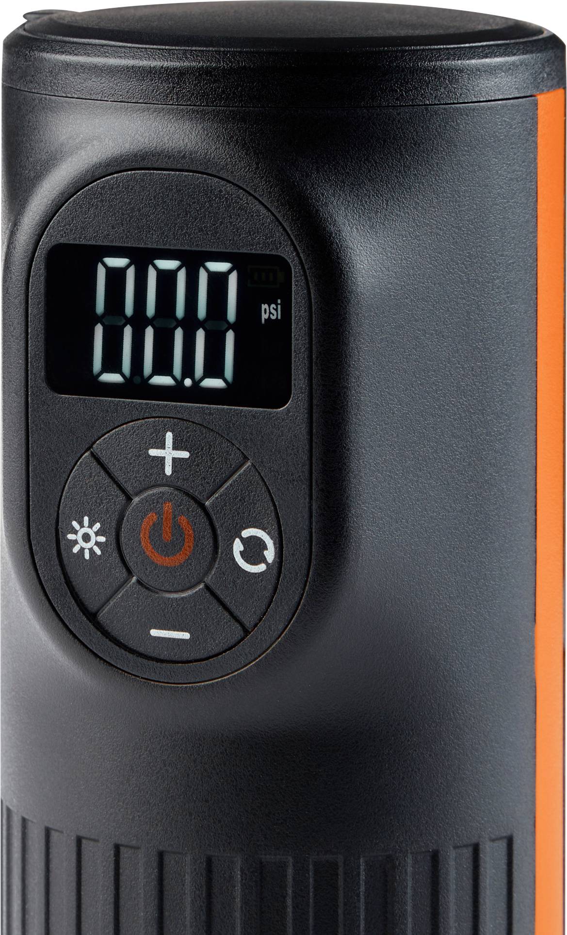 Přenosný elektrický kompresor se zobrazením tlaku na digitálním displeji, který ukazuje '0.0 psi'. Ovládací panel obsahuje tlačítka plus, mínus a vypínač.