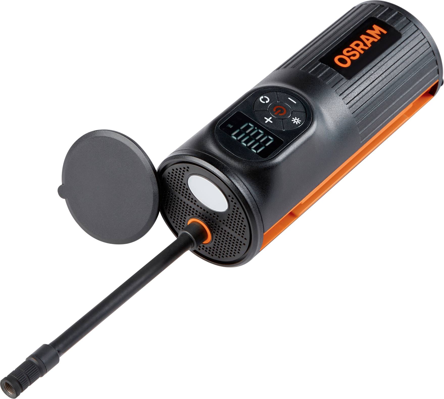 Přenosná elektrická vzduchová pumpa v černé barvě s logem OSRAM. Obsahuje displej a hadici s tryskou.