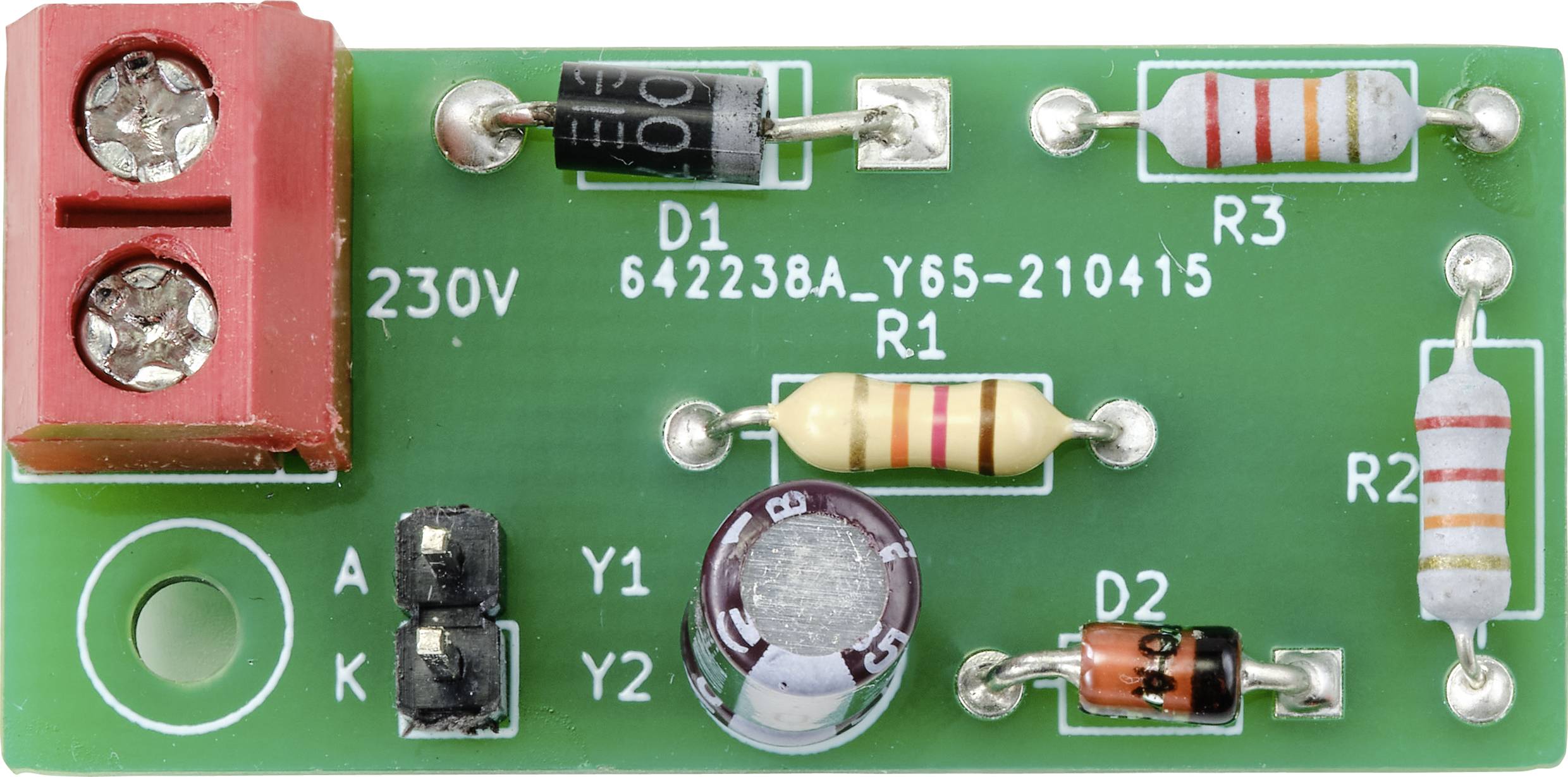 Elektronická deska plošných spojů s rezistory, diodami a kondenzátory včetně 230V připojení. Obsahuje označení D1, R1, R3.