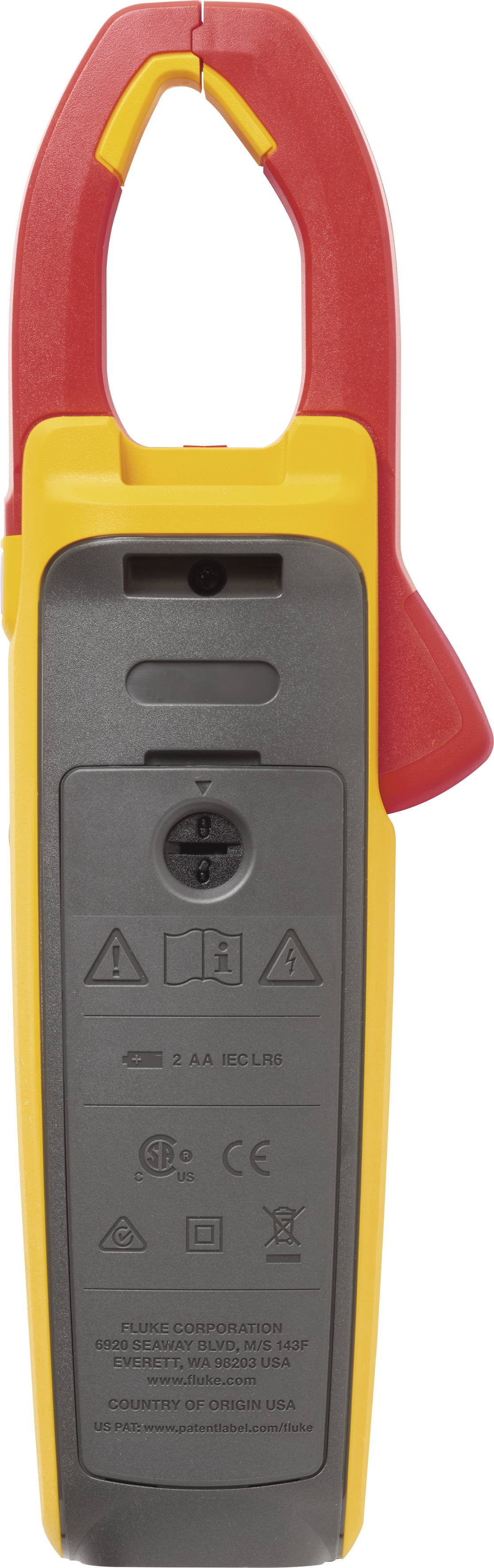 Měřicí přístroj elektrického proudu ve žluto-červeném pouzdře s ovládacími prvky a bezpečnostními varováními na zadní straně.