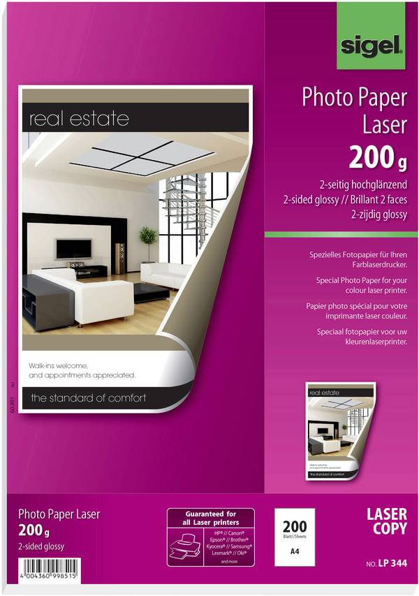<br>  Sigel<br>  LP344<br>  fotografický papír<br>  A4<br>  200 g/m²<br>  200 listů<br>  oboustranně potisknutelný, vysoce lesklý, optimalizovaný pro tisk laserem<br>