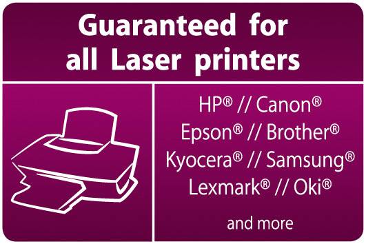 "Zaručeno pro všechny laserové tiskárny" je napsáno nahoře. Na pravé straně jsou uvedeny značky jako HP, Canon, Epson, Brother, Kyocera, Samsung, Lexmark, Oki.