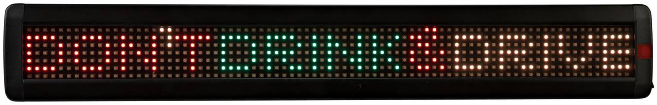 LED displej zobrazuje text 'NENOSTE SKRYTÉ ZBRANĚ' v červené a zelené barvě.