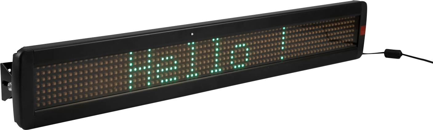 LED displej zobrazuje 'Hello !' zelenými písmeny.