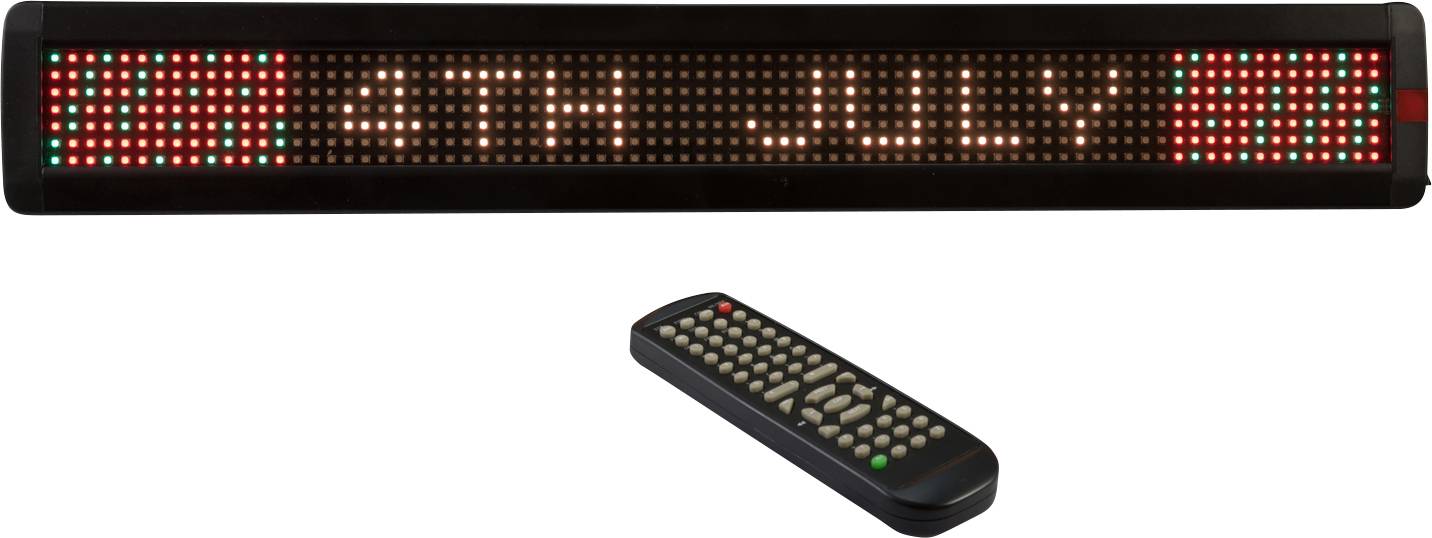 Elektronická zobrazovací tabule s textem '4. července' v červených a zelených LED, spolu s černým dálkovým ovladačem.