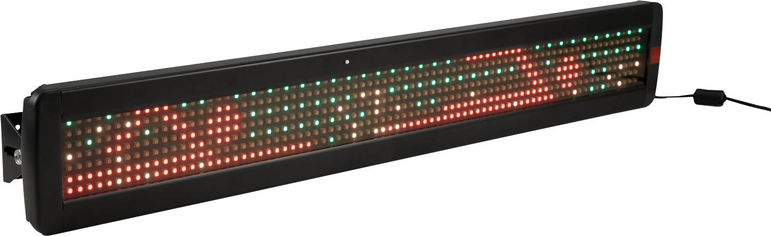 Elektronická LED displej s červenými a zelenými světelnými body, který zobrazuje nečitelné sdělení. Vhodné pro vnitřní prostory.